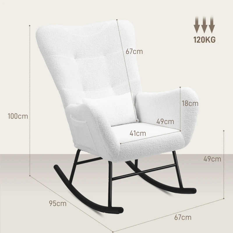 HOMCOM Sillón Mecedora revestimiento de peluche cojín lumbar antideslizante hasta 120 kg Blanco