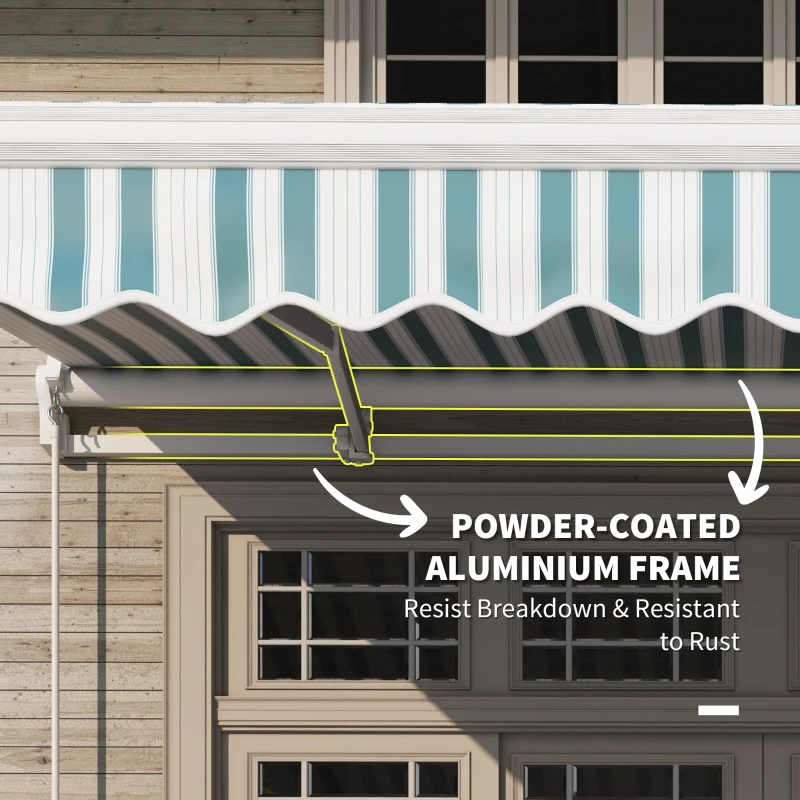 Outsunny handmatige knikarmluifel 4m met handslinger balkonluifel zonwering wandmontage balkon aluminium wit + groen 395 x 245 cm