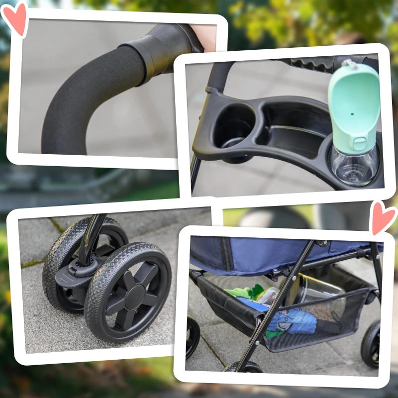 PawHut Faltbarer Haustierkinderwagen Buggy für Hund Katze mit Aufbewahrungskorb und Becherhalter aus wasserdichtem 300D Oxford(4 Räder, Dunkelblau)