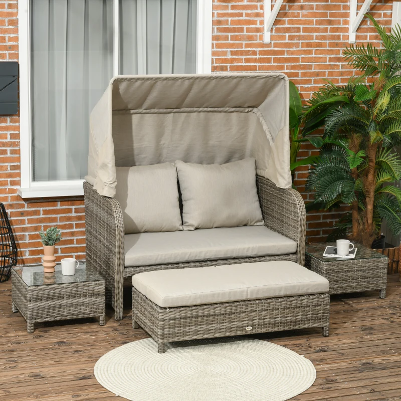 Outsunny Set da giardino 4 pezzi con divano 2 posti, 1 poggiapiedi, 2 tavolini con cuscini, beige e marrone