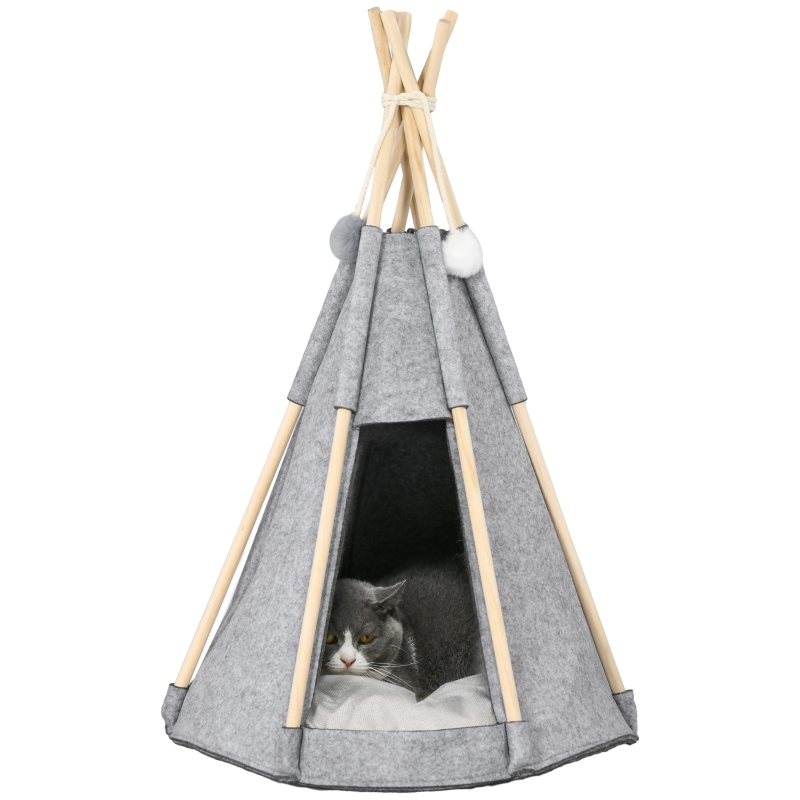 PawHut Tipi Zelt fr Haustiere Teepee Katze oder Hund dickes Kissen 2  Pompons inklusive Holzstruktur aus Kiefer Filz Plsch grau | Aosom.de
