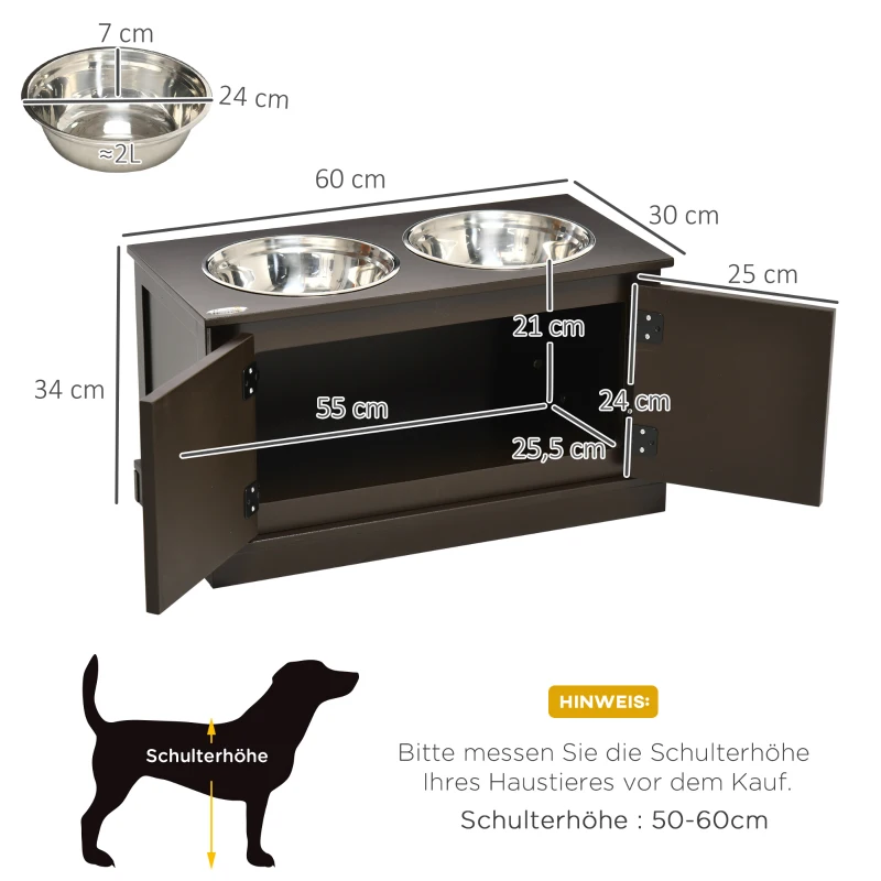 PawHut Gamelle surélevée pour Chiens, incluant Espace de Rangement, 60 cm x 30 cm x 34 cm, Marron + Argent