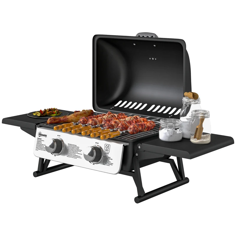 Outsunny Barbecue a Gas Portatile con 2 Bruciatori e Coperchio con Termometro, Nero