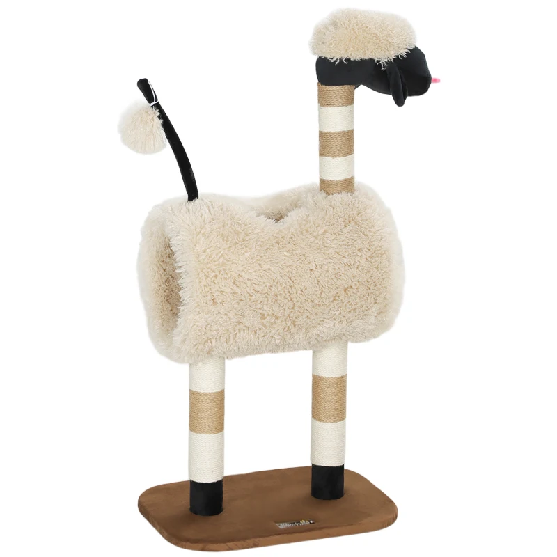PawHut Arbre à chat au design de mouton, avec poteaux à griffer, tunnel et jouet, 98 cm, Marron clair