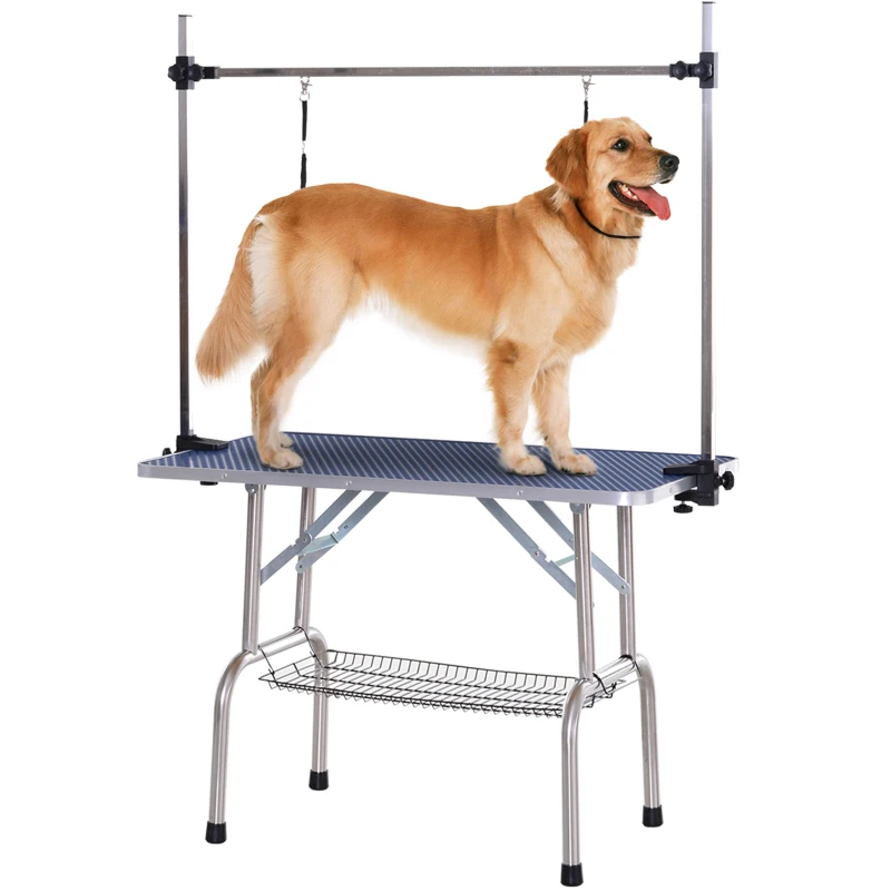 PawHut Table de Toilettage pour Animaux Table de Soins Table de Tonte avec Panier inférieur pour Chiens ajustable en hauteur pliable Acier Inoxydable Métal Bleu 107 x 60 x 170 cm