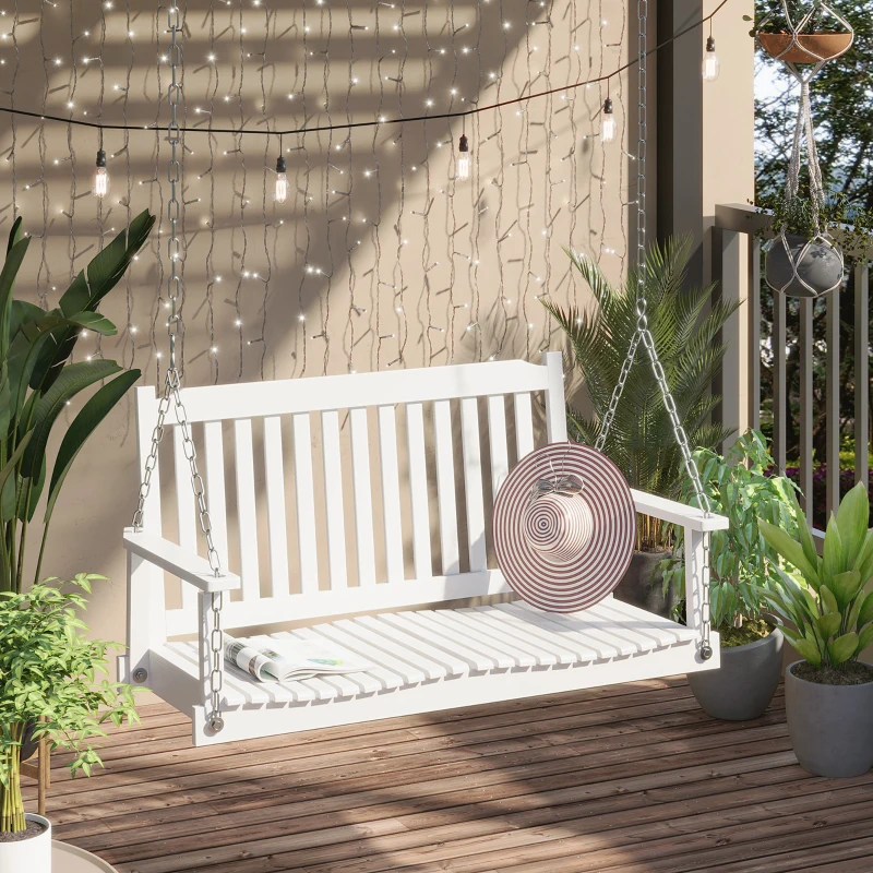 Outsunny Banco Sospeso 2 Posti dim. 117L x 69l x 60H m Seduta Alto Schienale a Doghe Catene Sospensione incluse Legno Abete trattato Verniciato Bianco