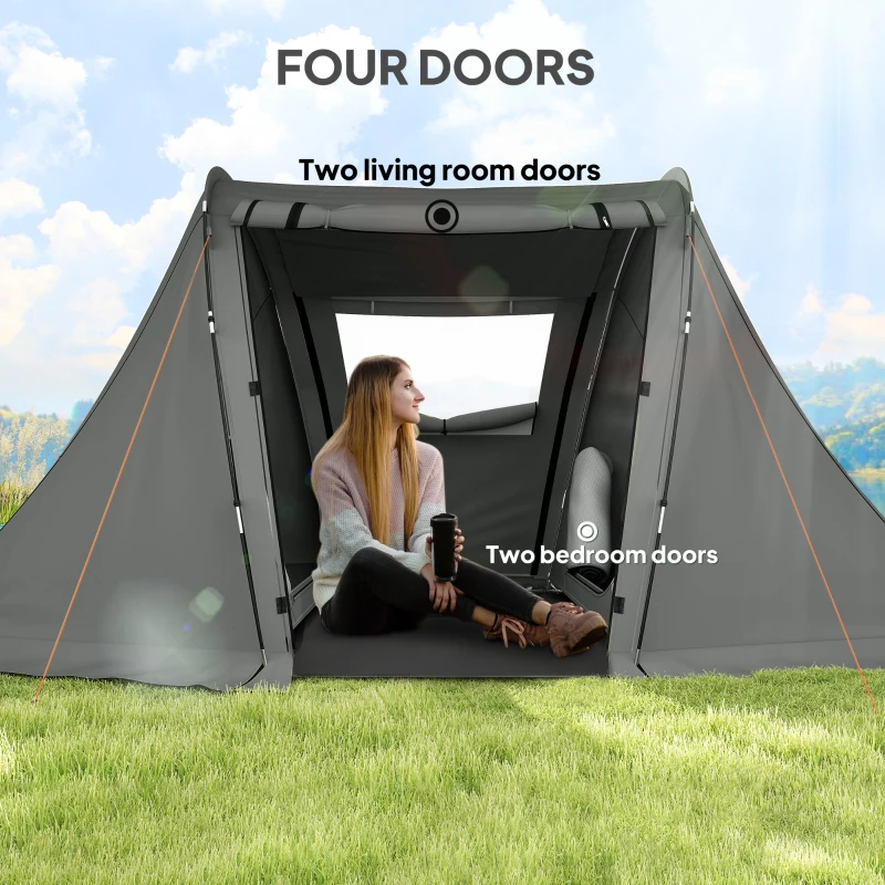 Outsunny 3 Man Camping Tent with Living Area and 2 Bedrooms, 3000mm Waterproof Family Tent with Sewn-in Groundsheet and bag, Portable Dome Shelter for Hiking, Festival, Backpacking, Drak Grey