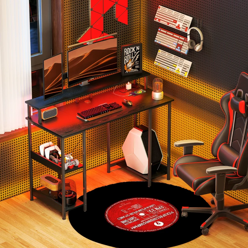 HOMCOM Bureau pour PC Réversible avec Prises Électriques, Lumières, Support pour Moniteur et Étagère, 120x50cm, Noir