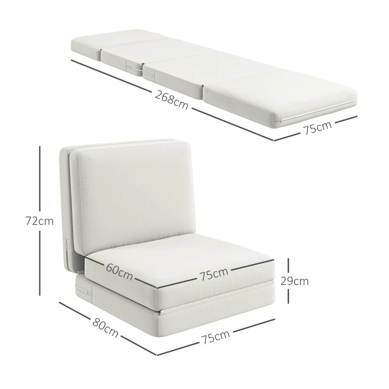 HOMCOM Sofá cama convertible 1 plaza sillón perezoso sofá cama de terciopelo para invitados salón 75x268x18 cm Crema