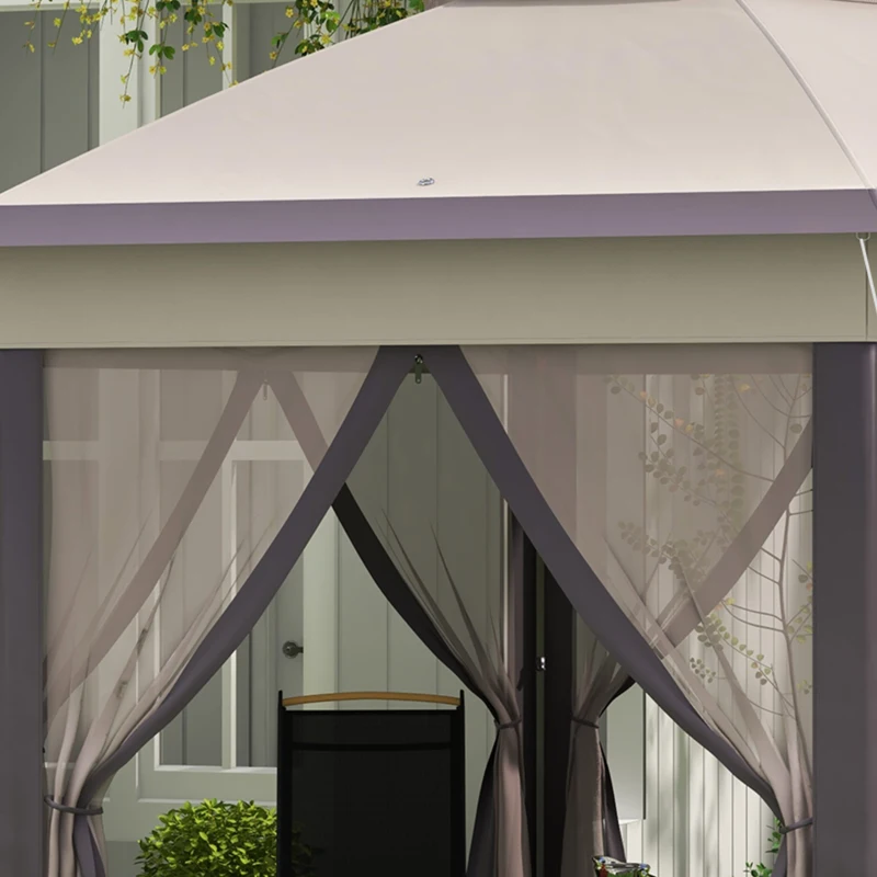 Outsunny Pavillon 4x4m Impermeable Plegable hexagonal con doble techo, cenador de jardín con 6 paneles laterales, carpa de fiesta