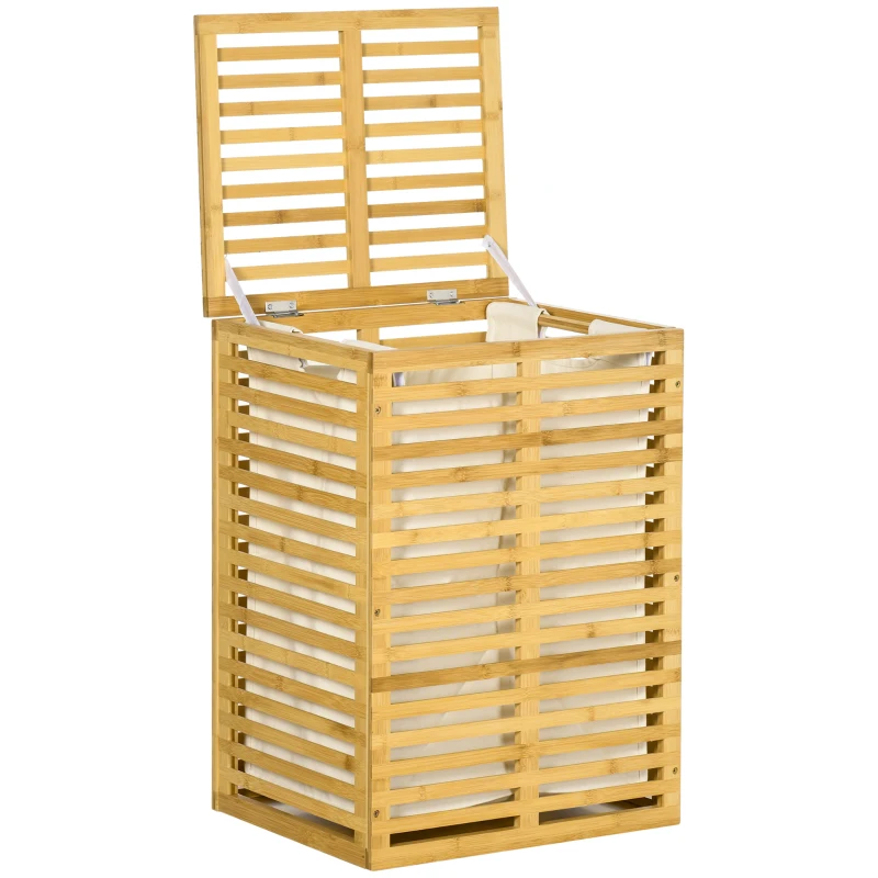 HOMCOM Cesto de Ropa en Bambú con Saco de Tela Desmontable y Tapa - 44x37x62,5 cm