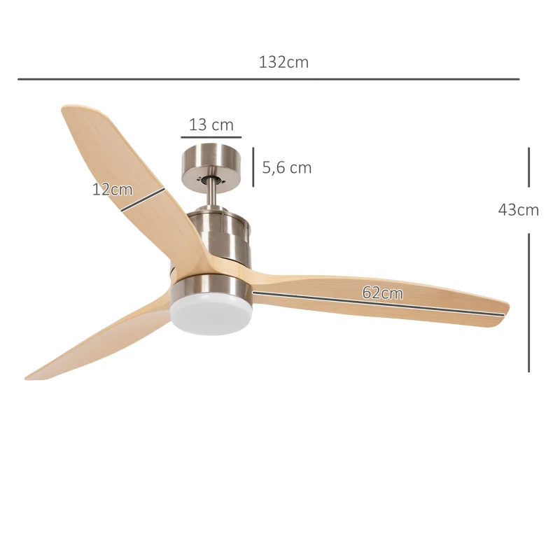HOMCOM Ventilador de techo reversible con luz LED 6 velocidades silencioso - control remoto - diámetro 132 cm natural