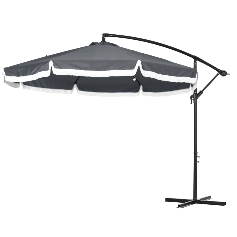 Outsunny Parasol desplazado parasol de jardín 3x2,6 m con manivela pie en cruz 8 varillas y borla Gris