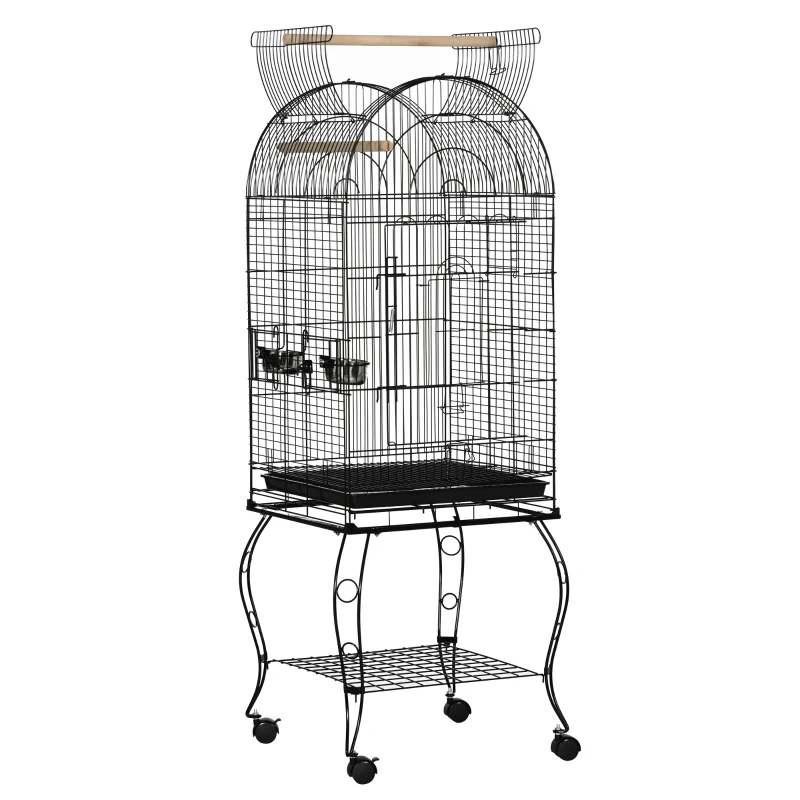 PawHut Cage pour Oiseaux et Canaris, Volière avec Roues en Métal Noir 51x51x153 cm
