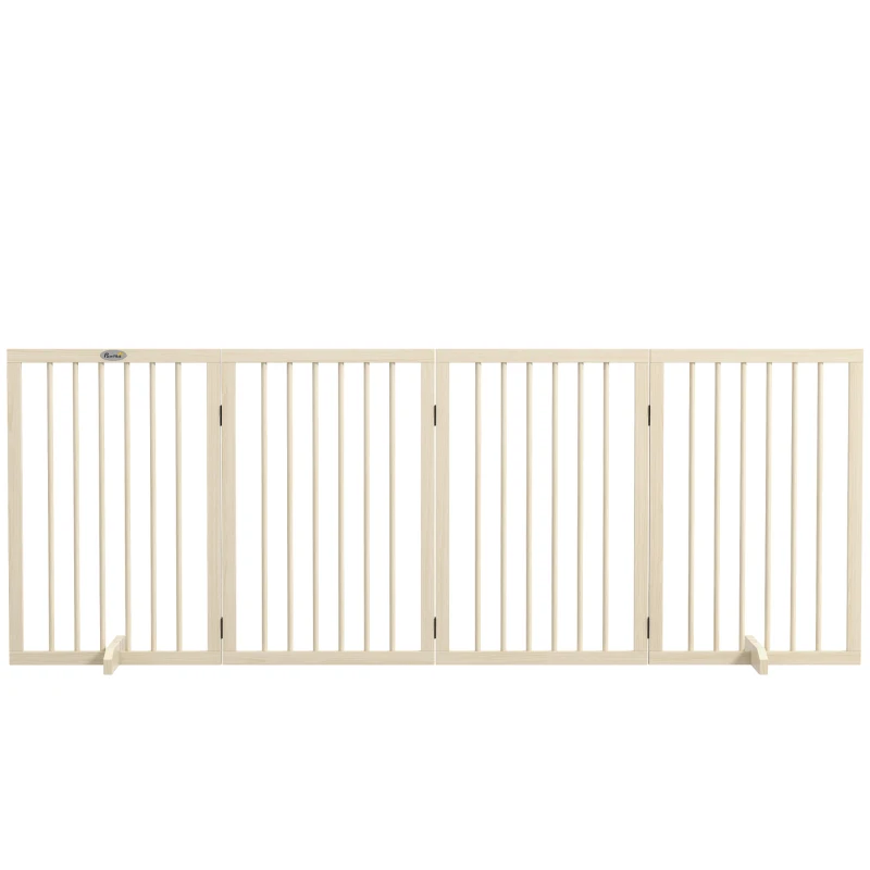 PawHut Cancelletto di Sicurezza Modulabile Pieghevole per Cani con Piede di Supporto, in Legno Massiccio, 206x35,5x76 cm, Color Legno Naturale