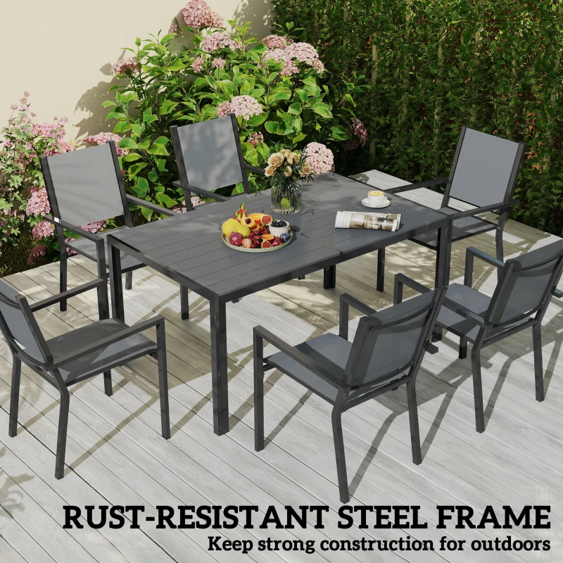 Outsunny 7 Piece Garden Dining Set, Outdoor Furniture Set with 6 Stackable Chairs and 150 cm Rectangle Table, WPC Slatted Top, Rust-Resistant Steel Frame, for Garden, Porch, Terrace