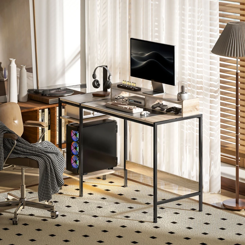 HOMCOM Scrivania per computer con scaffali laterali regolabili e telaio in acciaio, Rovere