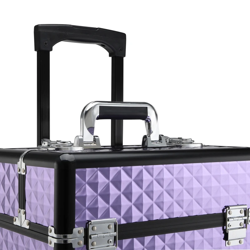 HOMCOM Professioneller Make-up-Trolley, Reise-Make-up-Koffer aus Aluminium, 2 Räder, Violett 33,5x23x76/95,5 cm