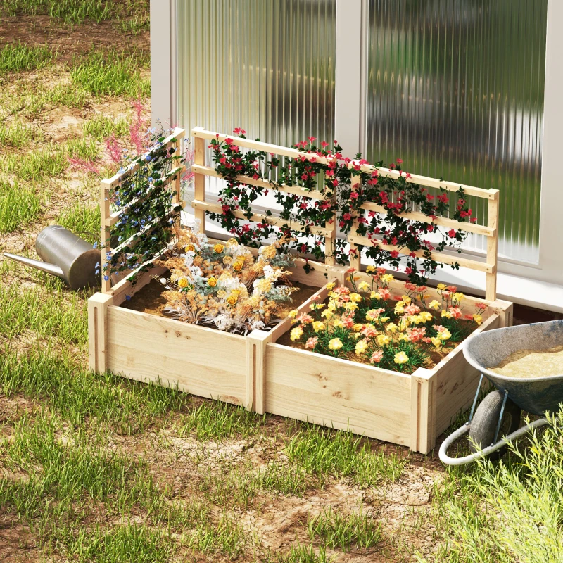 Outsunny Jardinière avec 3 Treillis et 2 Pots en Bois de Sapin avec Fond Ouvert, 119x62.5x64 cm, couleur Bois