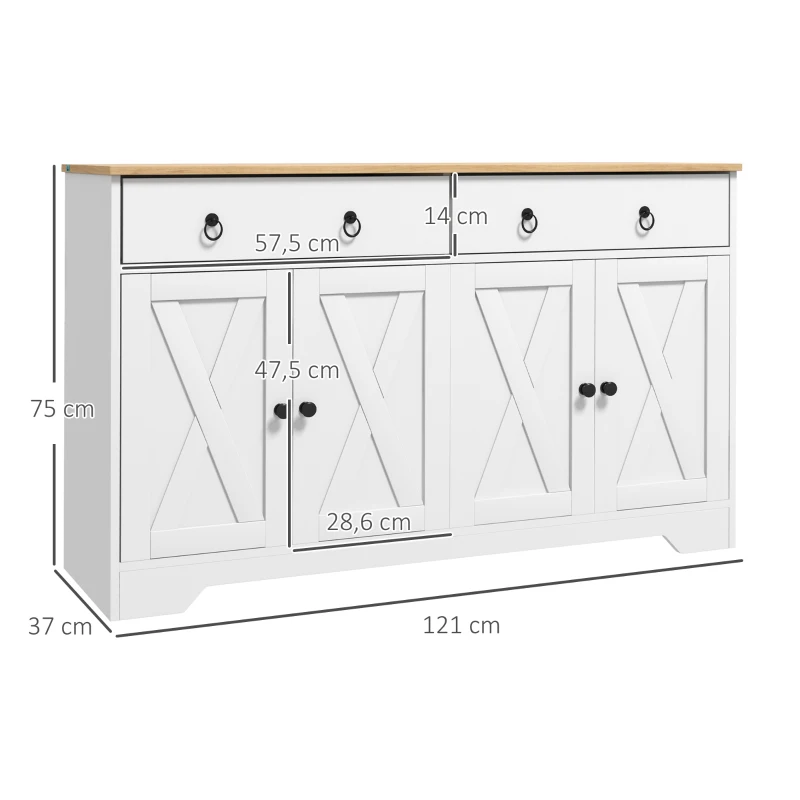 HOMCOM Mueble de Almacenamiento Buffet armario de cocina estilo rural 2 cajones y 2 armarios estantes a alturas ajustables Blanco