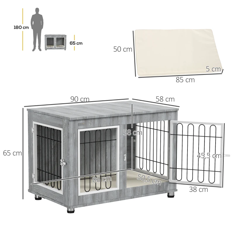 PawHut Jaula para perros animales jaula de perro de pie con cojín extraíble acero aspecto madera 90x58x65 cm Gris