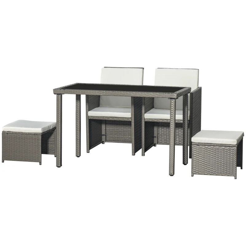 Outsunny Set da salotto da giardino incastrabile con grande tavolo rettangolare 2 poltrone e 2 sgabelli cuscini bianchi rimovibili lavabili in resina tressée effetto rattan grigio