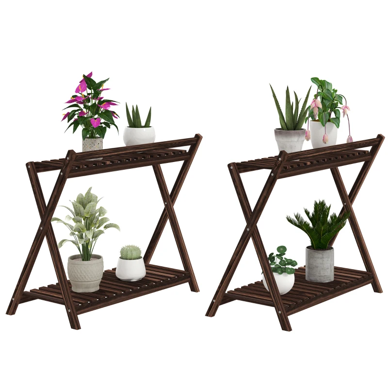 Outsunny Set aus 2 Innenpflanzenständern 2 Ebenen Holzregale mit Rückenstütze 73 x 36 x 64 cm Braun
