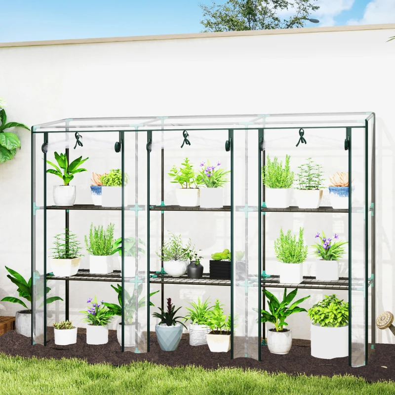 Outsunny Serra da Giardino con Ripiani a 3 Livelli, Serra da Balcone, 3 Porte Avvolgibili con Zip, 215 x 46 x 151 cm, Verde