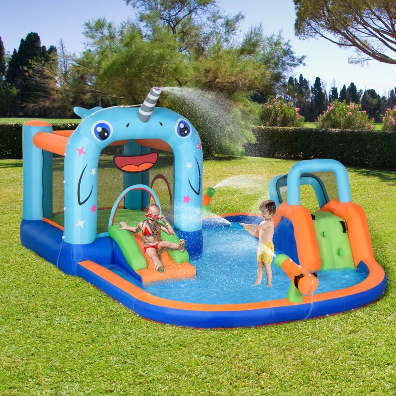 Outsunny Aufblasbares Schloss Spielplatz mit Rutsche Trampolin Pool mit Gebläse 420 x 370 x 230 cm bunt