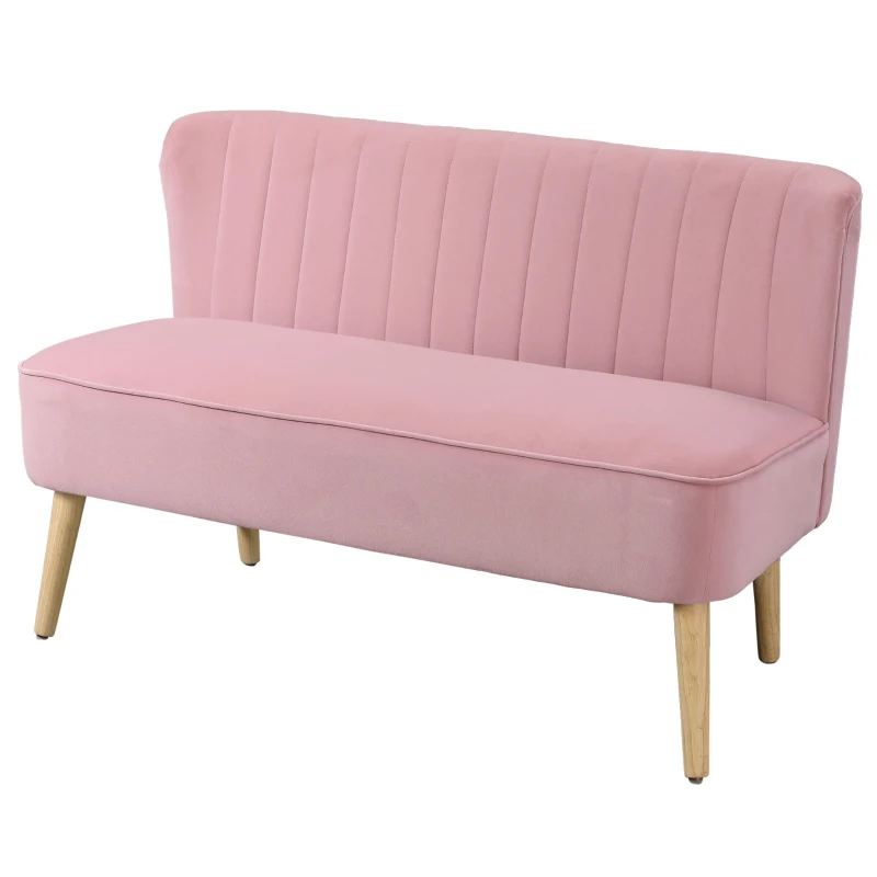 HOMCOM Divano a 2 Posti in Tessuto, Poltrona Imbottita, Divano a Due Posti, in Legno, Poliestere Vellutato, Schiuma, 117 x 56.5 x 77 cm, Rosa