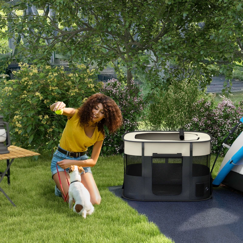 PawHut Faltbares Gehege für Hund, Katze, kleine Tiere aus Oxford-Gewebe mit Aufbewahrung 94 x 74 x 60 cm Weiß Creme und Schwarz