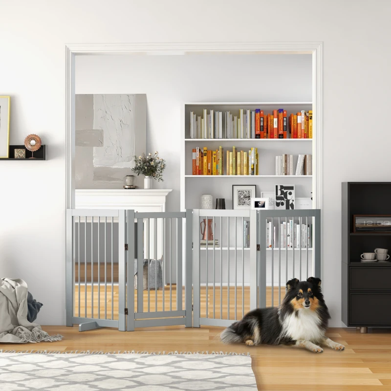 PawHut Barrière de Sécurité pour Chiens, Autoportante, Pliable, Porte & Pieds, Cadre en Bois, 220x36x91cm, Gris clair