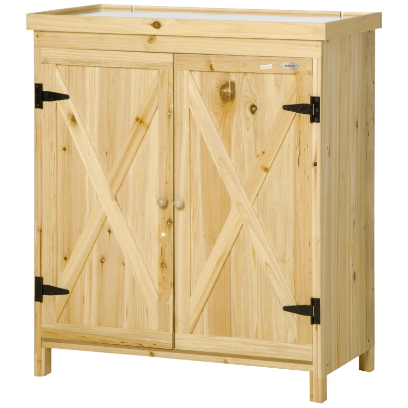 Outsunny Armario de Jardín, Armario de Almacenamiento de Jardín, Bandeja de Metal Galvanizado, Madera Maciza 80x45x92 cm Madera Natural