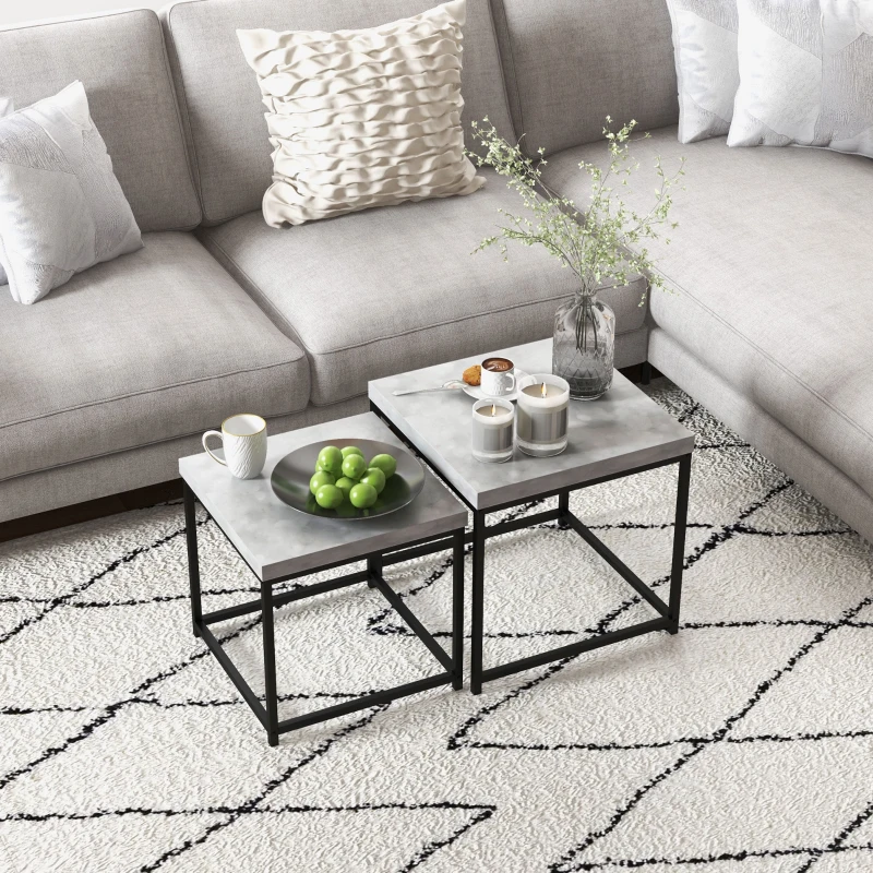 HOMCOM Set di 2 Tavolini da Salotto, Tavolini Bassi Quadrati, Tavoli da Salotto, Telaio in Acciaio e Piani in Legno, Grigio