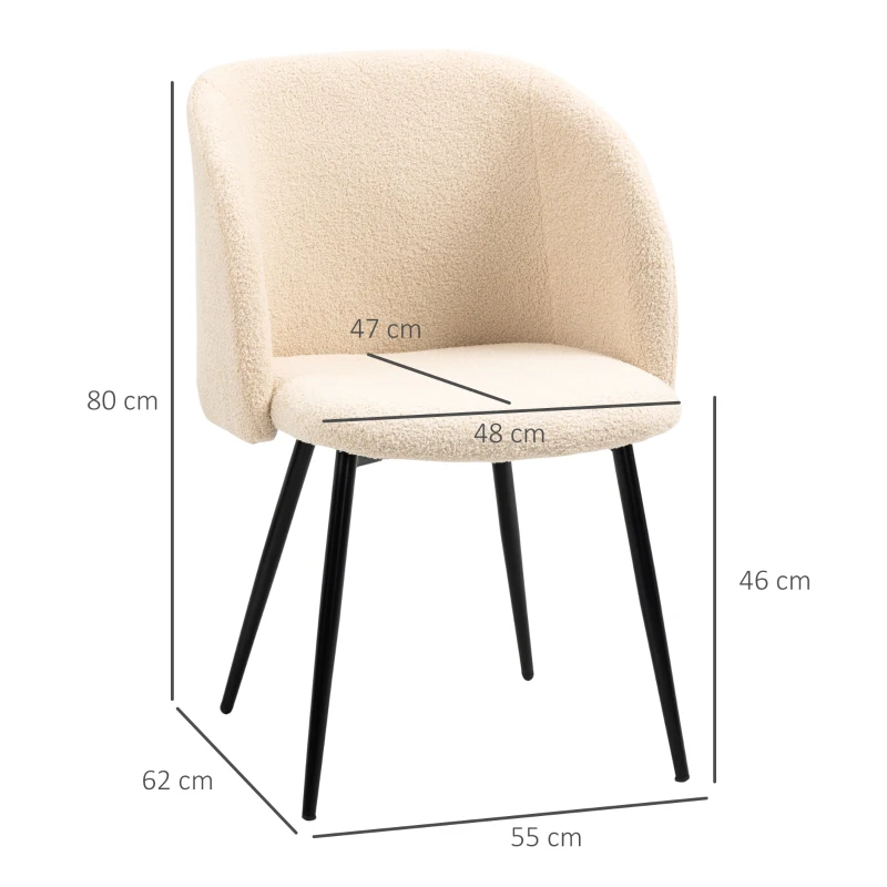 HOMCOM Conjunto de 2 sillas de comedor con respaldo en tela con efecto lana rizada patas de acero 55x62x80 cm Beige Negro