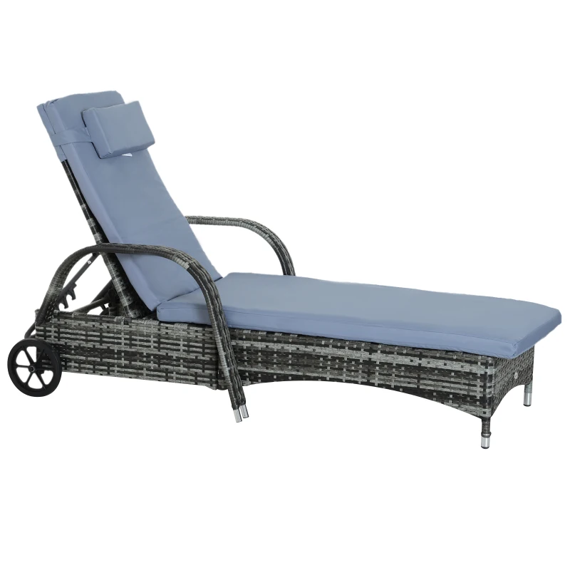Outsunny Sdraio da Giardino in Polirattan con Schienale Regolabile in 5 Posizioni, Cuscino, Ruote, Portata 160 kg, Sedia Sdraio Relax per Giardino, 200x73x30-103cm, Grigio