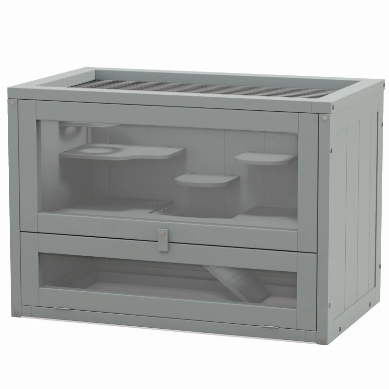 PawHut Gabbia per Criceti, Topi, Piccoli Roditori, Multi-Accessori, Rampa, Piattaforme, Tetto Apribile, Griglia, 60 x 35 x 42 cm, Grigio