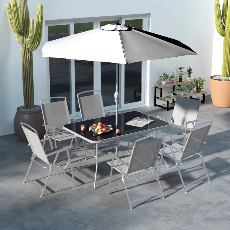 Outsunny Gartenmöbel-Set 8-teilig mit großem Sonnenschirm, Tisch und klappbaren Stühlen - Epoxid-Stahl, Textilene, Polyester in Grau