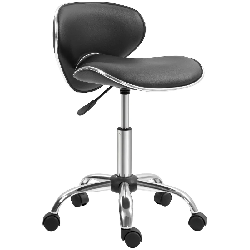 HOMCOM Taburete con ruedas taburete de trabajo con altura ajustable 44-56 cm y respaldo giratorio 360° Negro