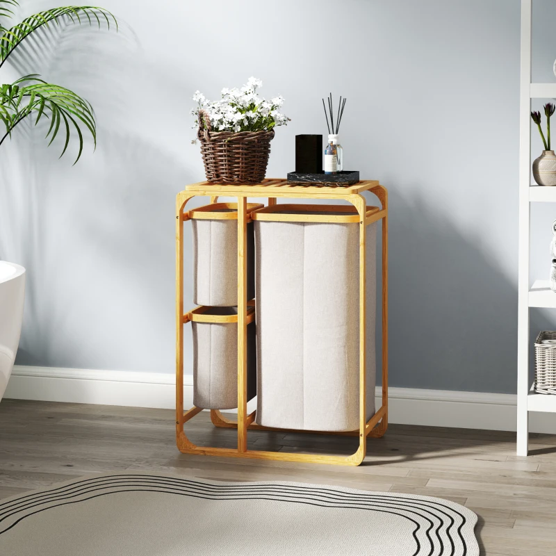 HOMCOM Cesto de Ropa en Bambú con 3 Bolsas y Repisas Extraíbles de Tela 50x32x69,7 cm color Bambú y Crema