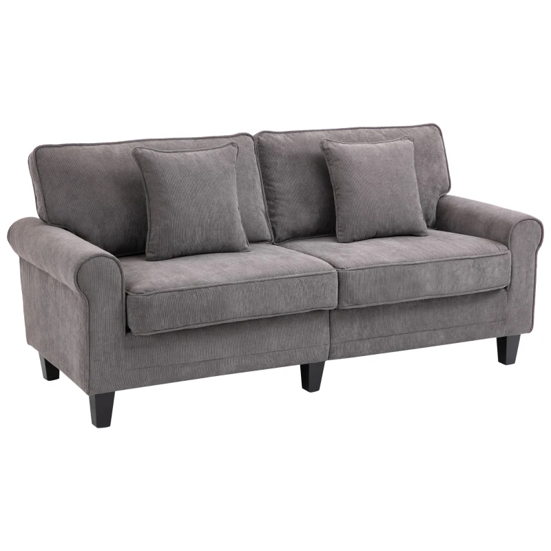 HOMCOM 3-Sitzer-Sofa aus geripptem Samtstoff, Sofa für Wohnzimmer, 197 cm, mit gepolsterten Armlehnen und Rückenlehne, Sofa mit 2 Kissen, massiven Pinienholzbeinen, für Wohnzimmer, Schlafzimmer, Büro, Grau