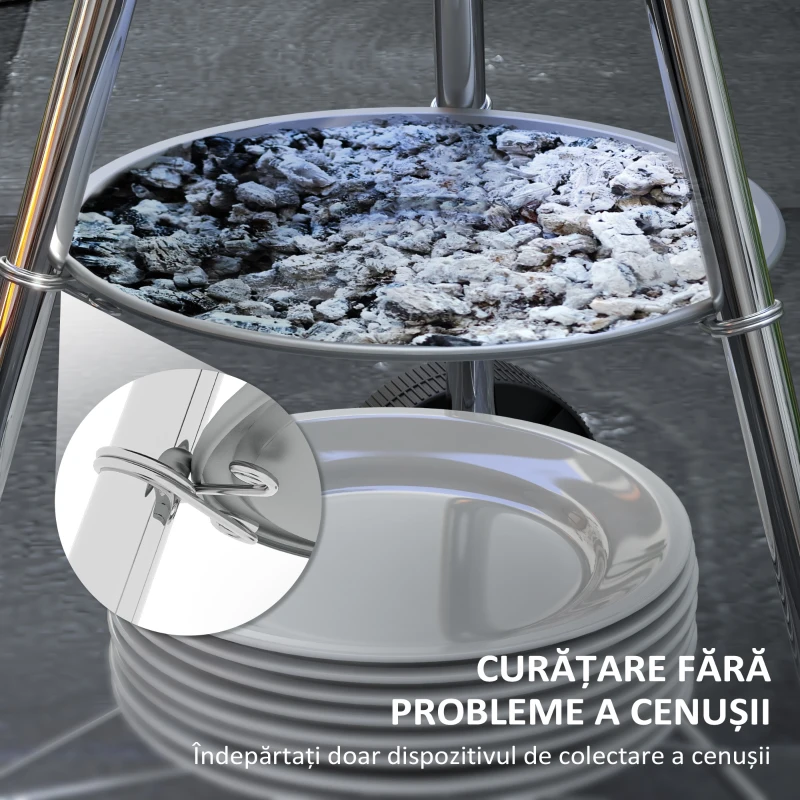 Outsunny Grătar cu Cărbuni, Grilaj Metalic, Capac, Orificii de Aerisire, Roți, Raft și Mâner, 48x56x94 cm, Negru