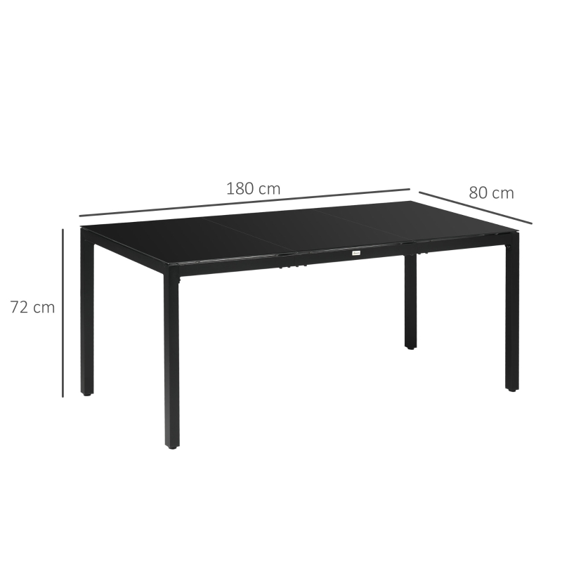 Outsunny Mesa de jardín rectangular para 8 personas con tablero de vidrio templado y marco de aluminio Negro