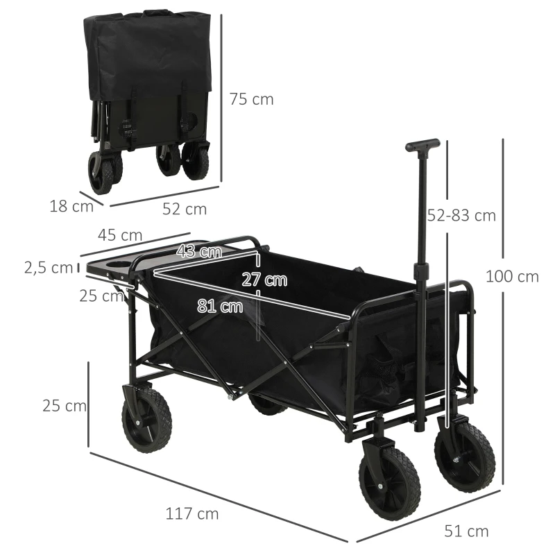 Outsunny Carrito de Jardín Plegable 4 Ruedas lona Desmontable mango telescópico Inclinación ajustable Bandeja Plegable Negro