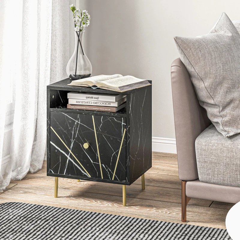 HOMCOM Mesilla de Noche con Efecto Mármol Compartimiento Abierto y Cajón Mesa de Noche para Dormitorio 39x30x50 cm Negro
