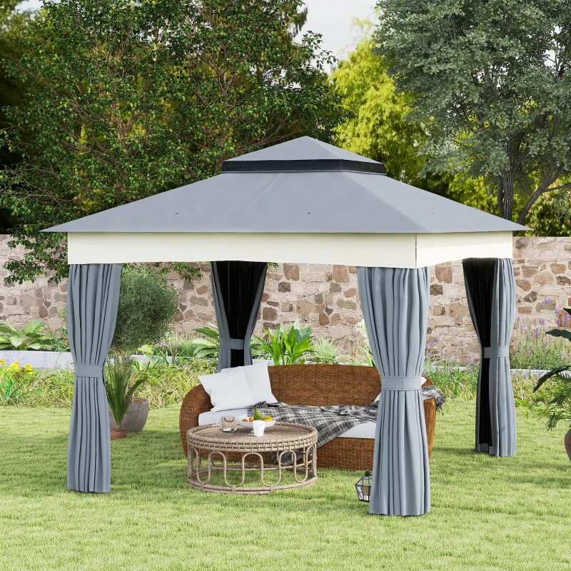 Outsunny Gazebo con Tetto Doppio, 3x3 m Impermeabile Stabile Resistente all'Inverno Gazebo da Giardino in Metallo Grigio Scuro