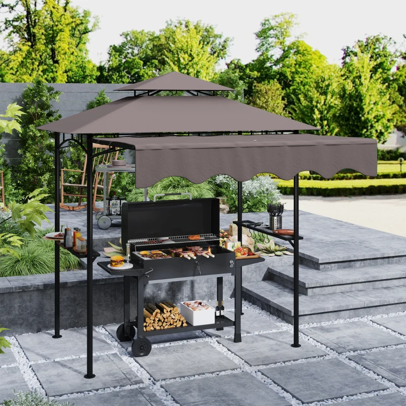 Outsunny Gazebo per Barbecue 242x149x248 cm Impermeabile Ignifugo, Gazebo da Giardino con Tetto a Doppio Strato, Caffè