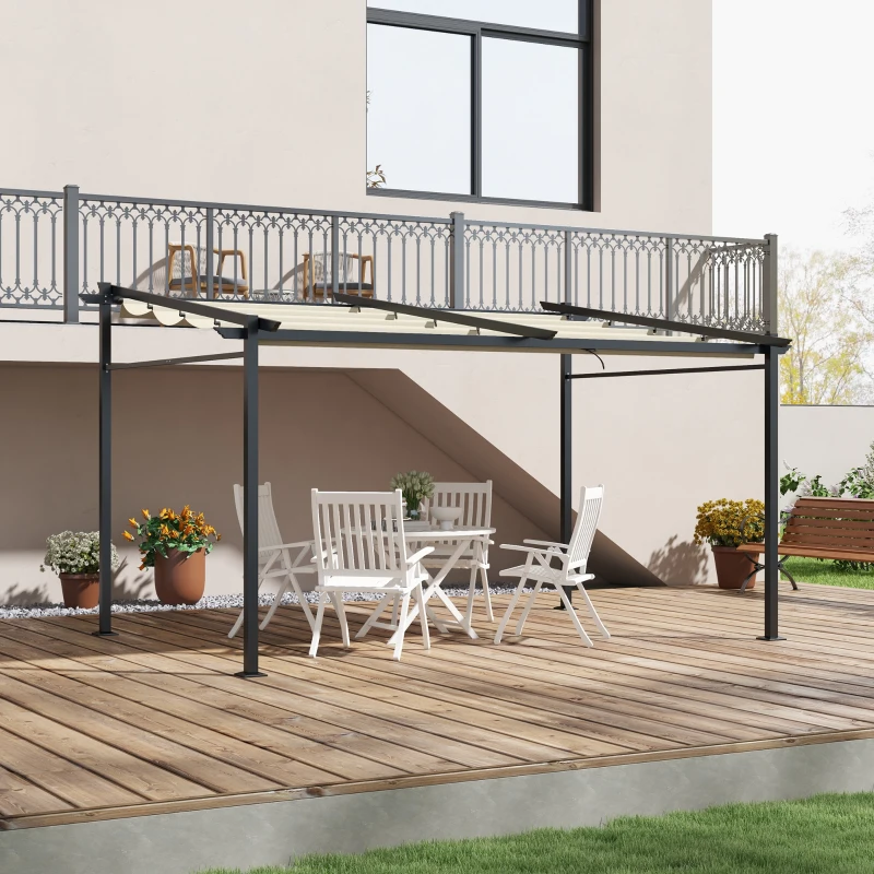 Outsunny Pergola Retrattile 4 x 3 m, Struttura in Metallo con Finitura Epossidica Anticorrosione, Telo in Poliestere 180 g/m², Beige