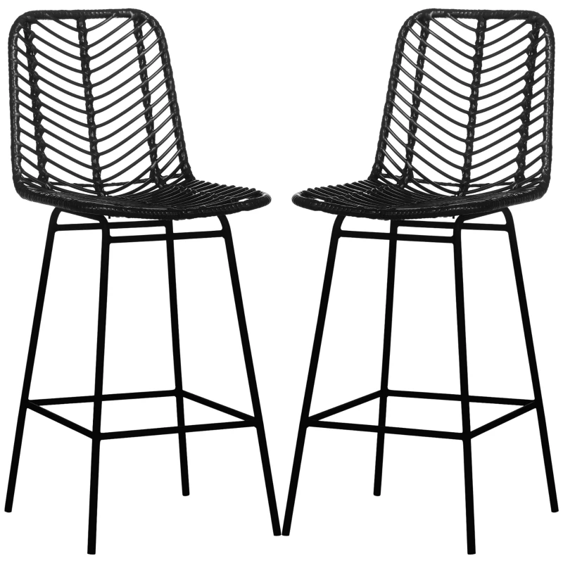 HOMCOM Set di 2 Sgabelli da Bar, Design Bohémien, Altezza 66 cm con Poggiapiedi, in Metallo e Rattan PE, Nero