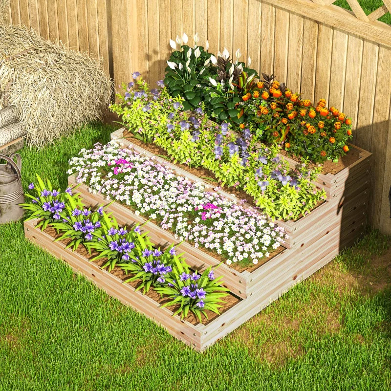 Outsunny Carré potager de jardín sin fondo 4 niveles para hierbas verduras frutas flores 113x113x46 cm Madera Natural